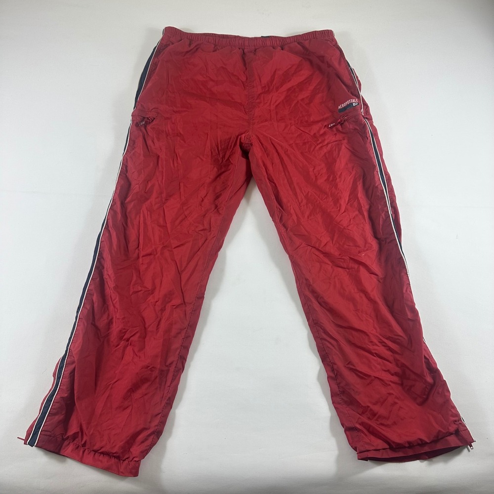 VTG Aeropostale 87 Mens Large Red Nylon Track Pants Stripe‎ Athletic Joggers Zip